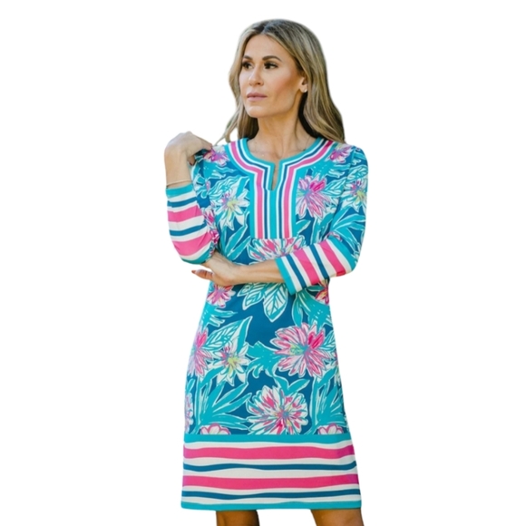 Jean-Pierre Klifa Isabella Dress Blue White and Teal Pineapple Print size XS EUC - Picture 5 of 7